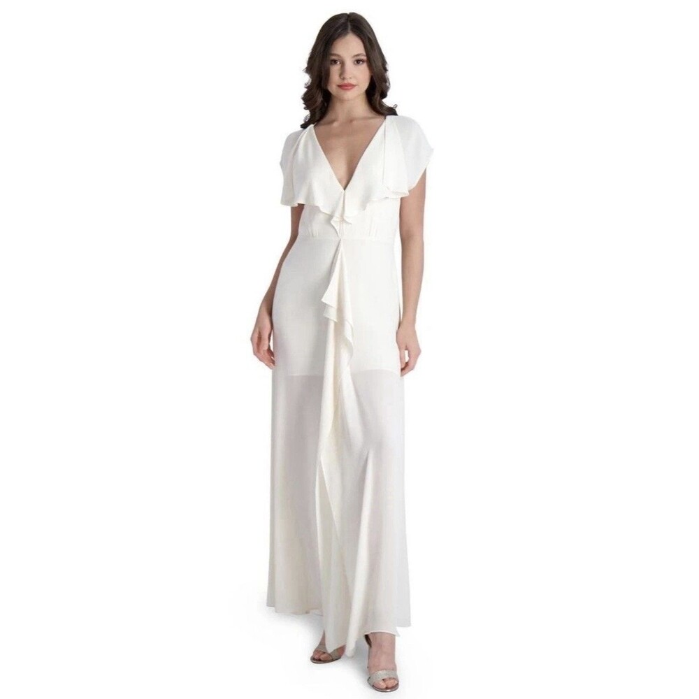NWT BCBG MAXAZRIA Ruffle Cascade Front Slit Gown Maxi Dress Gardenia retail $298